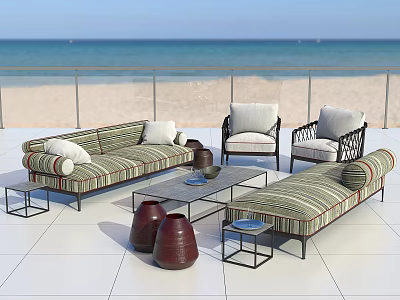 Striped Outdoor Sofa Set with Beachside View Chairs and Coffee Tables for Relaxing Outdoor Leisure 3d model