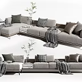 Modern Light Colored Sectional Sofa With Throw Pillows Blankets Side Table And Green Plant 3d model