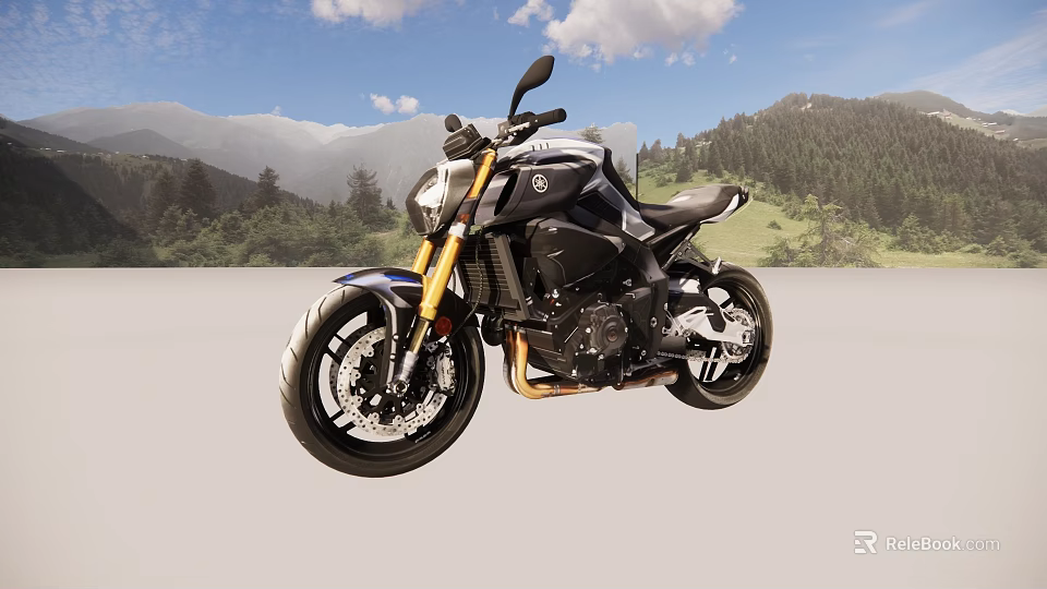 Black Sporty Motorcycle With Golden Accents Against Mountain Forest And Blue Sky 3d model 