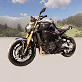 Black Sporty Motorcycle With Golden Accents Against Mountain Forest And Blue Sky