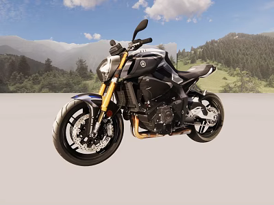 Black Sporty Motorcycle With Golden Accents Against Mountain Forest And Blue Sky 3d model