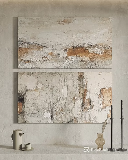 Two Abstract Textured Paintings With Neutral Tones Hanging On Gray Wall 3d model 