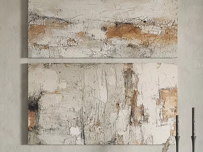 Two Abstract Textured Paintings With Neutral Tones Hanging On Gray Wall 3d model