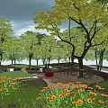 Park Landscape With Circular Fire Pit Stone Seating Green Trees And Grass 3d model