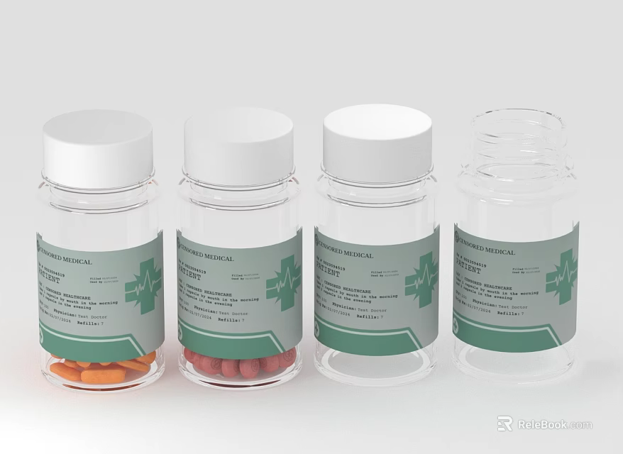 Medical Transparent Medicine Bottles With Green Cross Labels And Colored Pills 3d model 