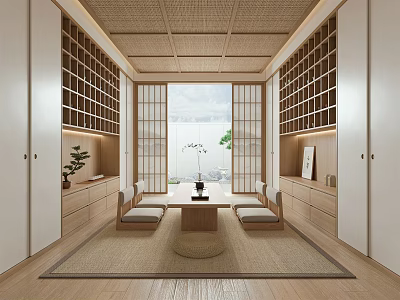 Japanese Style Tea Room Interior with Tatami Mats Wooden Shelves Natural Light and Plant 3d model