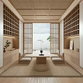 Japanese Style Tea Room Interior with Tatami Mats Wooden Shelves Natural Light and Plant
