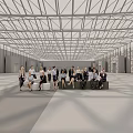 Spacious Indoor Hall With Metal Frame Ceiling And Group Of People Standing