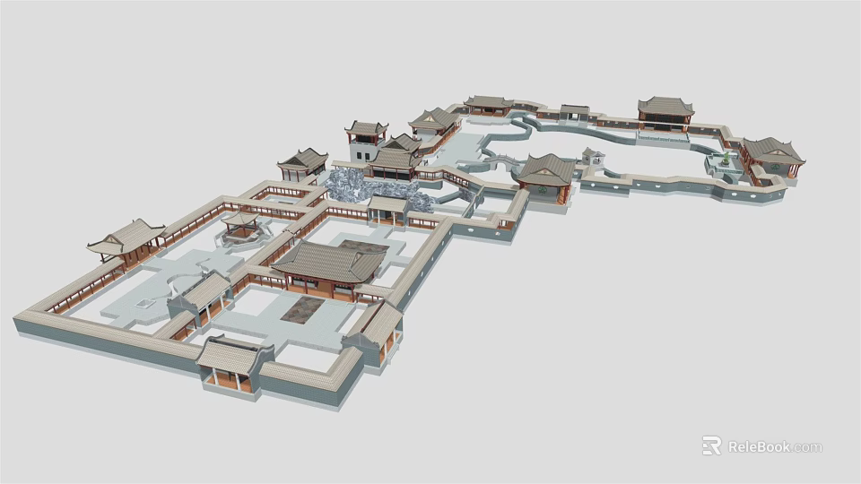 Traditional Chinese Ancient Architecture with Multiple Courtyards Classic Roofs and Symmetrical Layout 3d model 