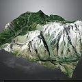 3D Mountainous Terrain Model Featuring Snow Covered Peaks And Green Vegetated Slopes