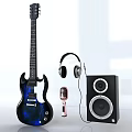 Modern Musical Instruments Setup With Electric Guitar Headphones Microphone Speakers On White Background
