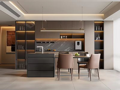 Modern Restaurant Interior Design With Marble Counter Hanging Lights And Dining Chairs 3d model