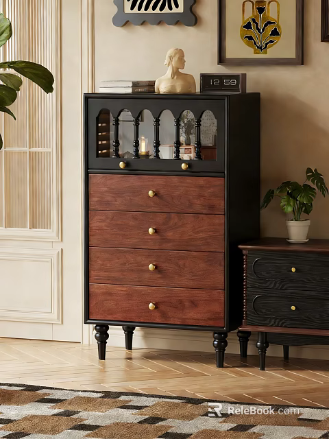 Wooden Chest of Drawers with Gold Knobs Glass Door Top and Decorative Items 3d model 