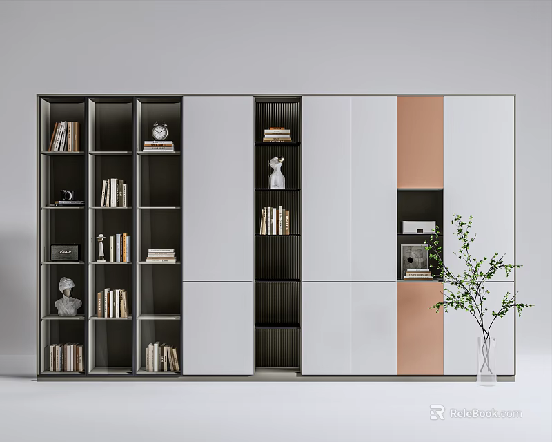 Modern Bookcase With White Gray Brown Panels Open Shelves Books Decorative Statues And Green Plant 3d model 