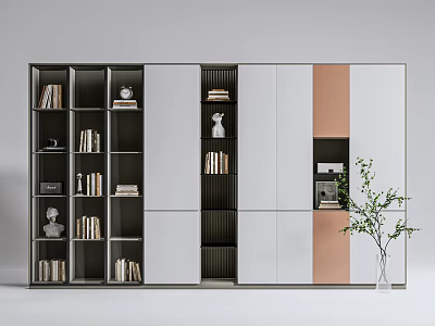 Modern Bookcase With White Gray Brown Panels Open Shelves Books Decorative Statues And Green Plant 3d model