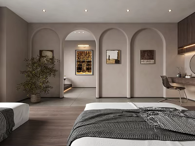 Hotel Room Interior With Two Beds Arched Doorways Neutral Tones Wooden Flooring And Decorative Paintings 3d model