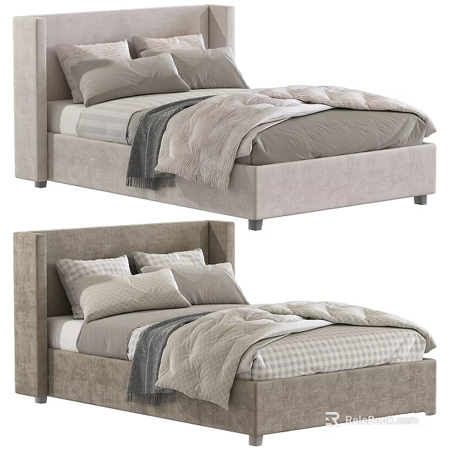 Modern Kids Bed With Soft Upholstered Headboard Neutral Tones Pillows And Comforter 3d model 