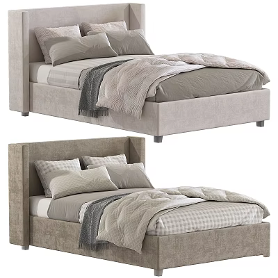 Modern Kids Bed With Soft Upholstered Headboard Neutral Tones Pillows And Comforter 3d model