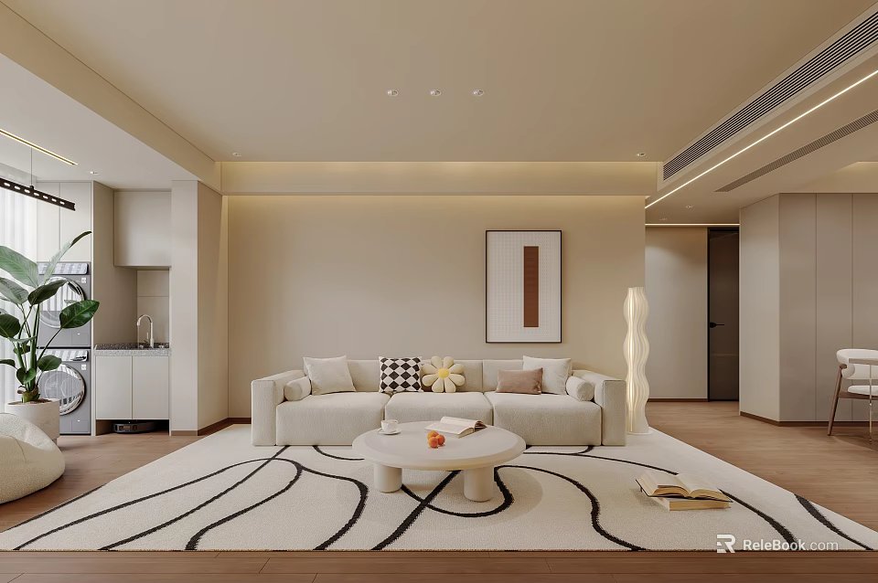 Modern Living And Dining Area Interior With Beige Sofa Round Coffee Table And Decorative Painting 3d model 