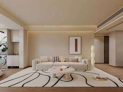Modern Living And Dining Area Interior With Beige Sofa Round Coffee Table And Decorative Painting 3d model
