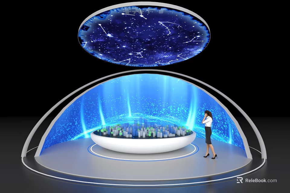 Art Installation with Starry Sky Blue Light Background Circular Platform City Model and Professional Woman 3d model 
