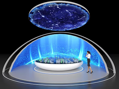 Art Installation with Starry Sky Blue Light Background Circular Platform City Model and Professional Woman 3d model