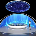 Art Installation with Starry Sky Blue Light Background Circular Platform City Model and Professional Woman