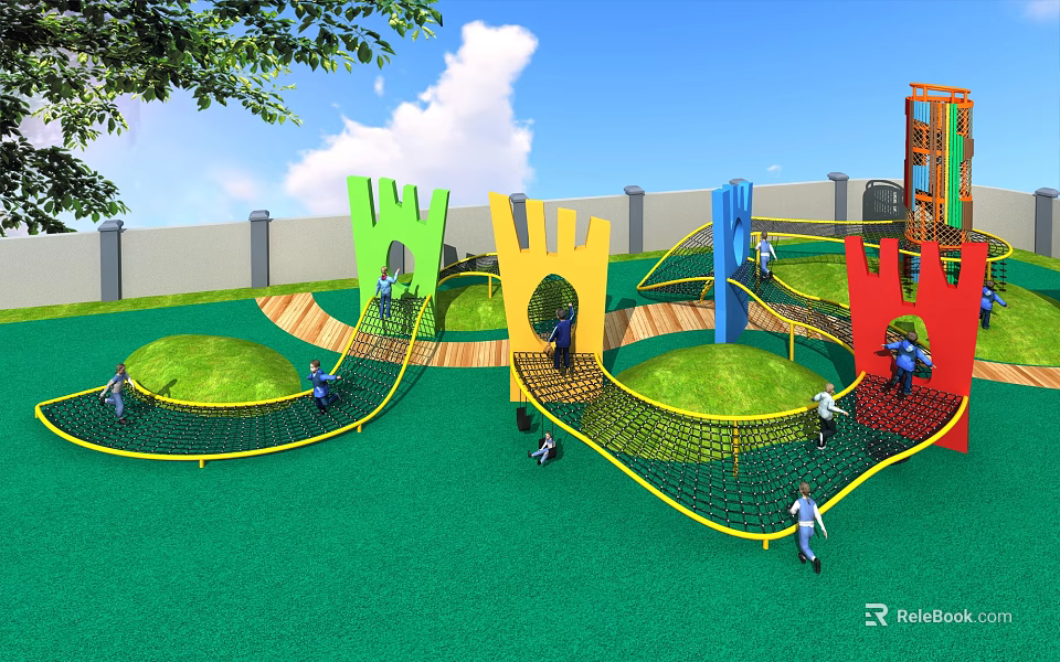 Colorful Playground Equipment With Castle Shaped Climbing Nets And Green Surface For Kids 3d model 