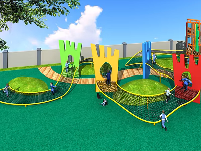 Colorful Playground Equipment With Castle Shaped Climbing Nets And Green Surface For Kids 3d model