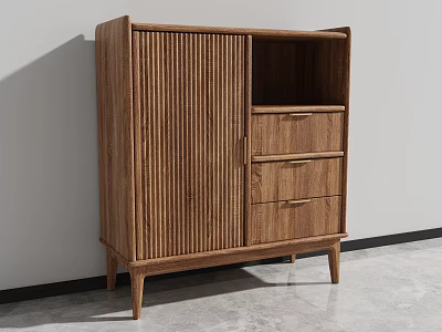 Modern Minimalist Wooden Storage Cabinet with Slatted Door Drawers and Natural Wood Tone 3d model