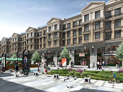 Vibrant European Style Commercial Street With Shops Pedestrians Greenery And Fountains 3d model