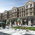 Vibrant European Style Commercial Street With Shops Pedestrians Greenery And Fountains