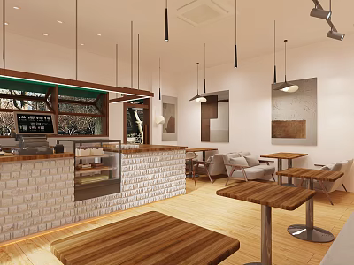 Modern Milk Tea Shop Interior With Brick Counter And Wooden Furniture 3d model
