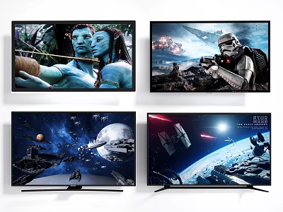Ultra Slim Smart TVs Showing Vivid Sci-Fi And Action Movie Scenes With High Definition 3d model
