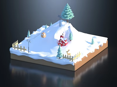 Cartoon Christmas Snowy Scene With Hill Little Red House Deer Tall Tree Decorative Ball And Fence 3d model
