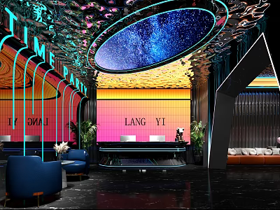 Modern Hotel Lobby Interior With Starry Sky Ceiling Reception Desk And Blue Sofas 3d model