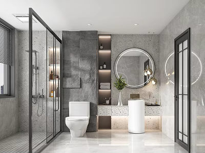 Modern Bathroom Interior With Gray Walls Glass Shower Toilet Vanity And Round Mirror 3d model