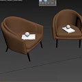 Brown Upholstered Single Chairs With Book And Silver Sphere On Light Wall Marble Floor