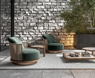 Outdoor Chairs With Green Cushions Wooden Armrests Round Design Stone Wall Background And Green Plants 3d model