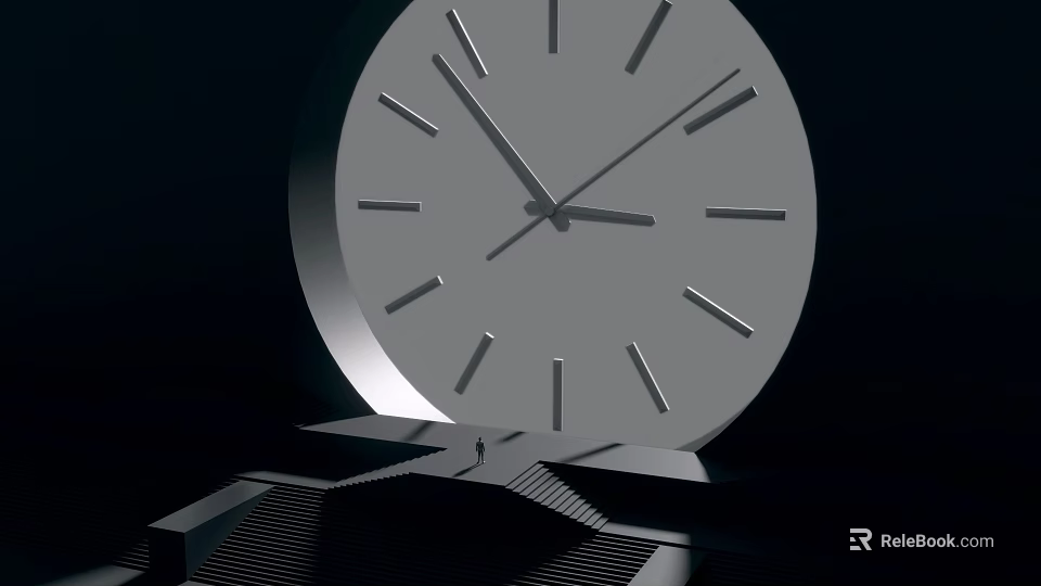 Large Gray Clock With Metallic Frame And Small Figure On Steps In Dark Background 3d model 
