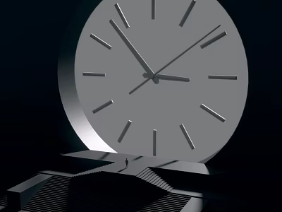 Large Gray Clock With Metallic Frame And Small Figure On Steps In Dark Background 3d model