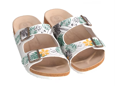 White Sandals with Green Leaf Pattern Yellow Flowers Cork Sole Straps and Metal Buckles 3d model