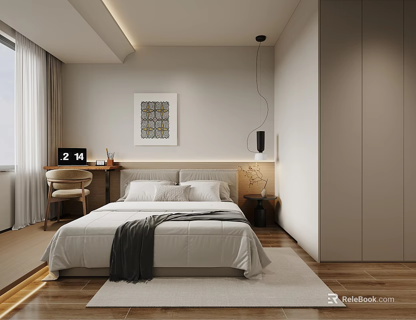 Modern Minimalist Bedroom Interior With Large Bed Decorative Painting Desk And Wooden Flooring 3d model 