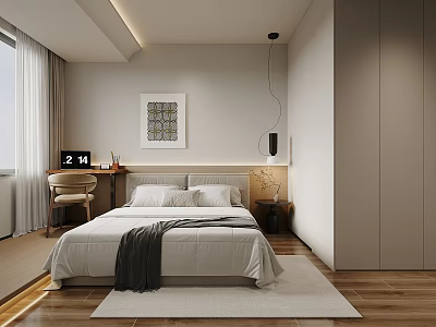 Modern Minimalist Bedroom Interior With Large Bed Decorative Painting Desk And Wooden Flooring 3d model