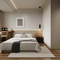 Modern Minimalist Bedroom Interior With Large Bed Decorative Painting Desk And Wooden Flooring