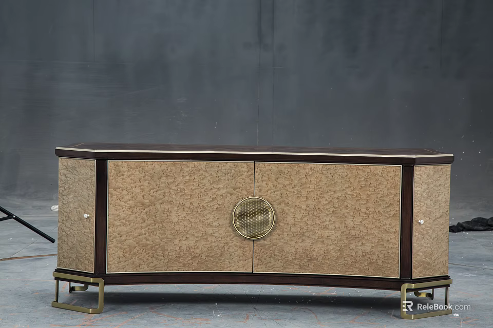 Modern TV Stand With Dark Frame Beige Panel Circular Decor And Brass Metal Legs 3d model 