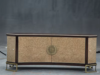 Modern TV Stand With Dark Frame Beige Panel Circular Decor And Brass Metal Legs 3d model