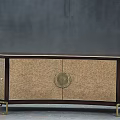 Modern TV Stand With Dark Frame Beige Panel Circular Decor And Brass Metal Legs