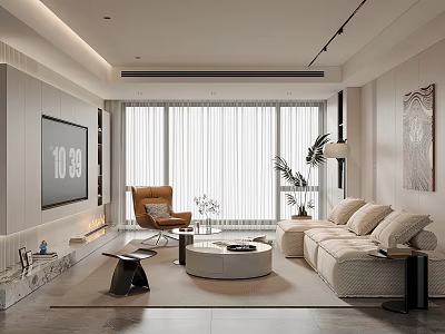 Modern Living Room Interior Design With Beige Sofa Orange Accent Chair And Round Coffee Table 3d model