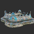 Intricate Carved Garden Ornament With Blue Pink Accents And Classic Design